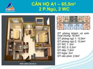 CĂN HỘ A1 – 65,5m 2   2 P.Ngủ, 2 WC DT phòng khách và sinh hoạt chung: 18,5m 2 DT phòng ngủ 1: 12,9m 2 DT phòng ngủ 2: 10,4m 2 DT WC 1: 5m 2 DT WC 2: 5,2m 2 DT bếp: 7,6m 2 DT logia: 3m 2 DT sân phơi: 2,9m 2 
