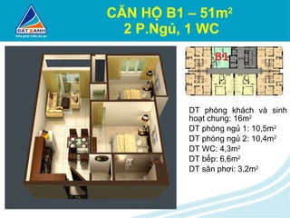 CĂN HỘ B1 – 51m 2   2 P.Ngủ, 1 WC DT phòng khách và sinh hoạt chung: 16m 2 DT phòng ngủ 1: 10,5m 2 DT phòng ngủ 2: 10,4m 2 DT WC: 4,3m 2 DT bếp: 6,6m 2 DT sân phơi: 3,2m 2 