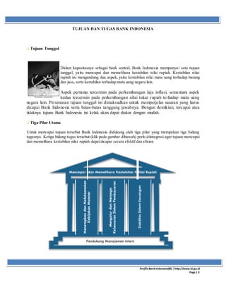 ProfileBank Indonesia(BI) │http://www.bi.go.id
Page | 3
TUJUAN DAN TUGAS BANK INDONESIA
:: Tujuan Tunggal
Dalam kapasitasnya sebagai bank sentral, Bank Indonesia mempunyai satu tujuan
tunggal, yaitu mencapai dan memelihara kestabilan nilai rupiah. Kestabilan nilai
rupiah ini mengandung dua aspek, yaitu kestabilan nilai mata uang terhadap barang
dan jasa, serta kestabilan terhadap mata uang negara lain.
Aspek pertama tercermin pada perkembangan laju inflasi, sementara aspek
kedua tercermin pada perkembangan nilai tukar rupiah terhadap mata uang
negara lain. Perumusan tujuan tunggal ini dimaksudkan untuk memperjelas sasaran yang harus
dicapai Bank Indonesia serta batas-batas tanggung jawabnya. Dengan demikian, tercapai atau
tidaknya tujuan Bank Indonesia ini kelak akan dapat diukur dengan mudah.
:: Tiga Pilar Utama
Untuk mencapai tujuan tersebut Bank Indonesia didukung oleh tiga pilar yang merupakan tiga bidang
tugasnya. Ketiga bidang tugas tersebut (klik pada gambar dibawah) perlu diintegrasi agar tujuan mencapai
dan memelihara kestabilan nilai rupiah dapat dicapai secara efektif dan efisien
 