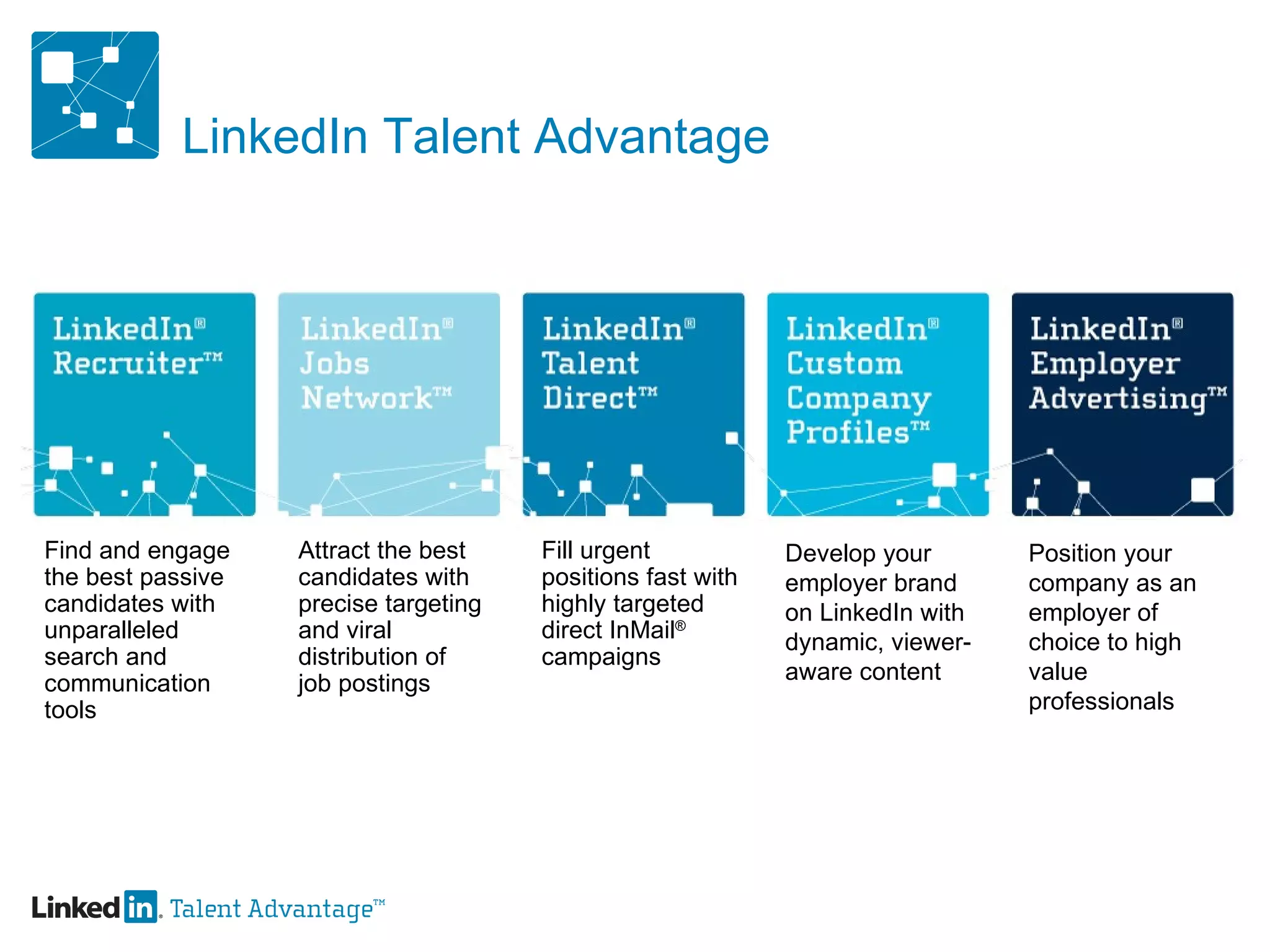 LinkedIn Talent Advantage Find and engage the best passive candidates with unparalleled search and communication tools Attract the best candidates with precise targeting and viral  distribution of job postings Fill urgent positions fast with highly targeted  direct InMail ®  campaigns Develop your employer brand on LinkedIn with dynamic, viewer-aware content Position your company as an employer of choice to high value professionals 