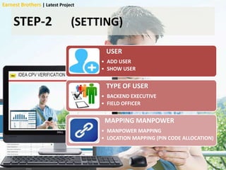 STEP-2 (SETTING)
USER
• ADD USER
• SHOW USER
TYPE OF USER
• BACKEND EXECUTIVE
• FIELD OFFICER
MAPPING MANPOWER
• MANPOWER MAPPING
• LOCATION MAPPING (PIN CODE ALLOCATION)
Earnest Brothers | Latest Project
 