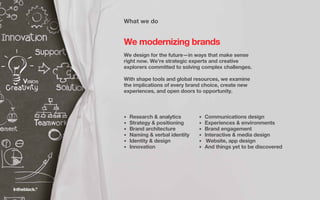 What we do
We modernizing brands
We design for the future—in ways that make sense
right now. We’re strategic experts and c...