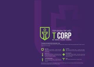 Ý tưởng lấy cảm hứng từ triết lý thương hiệu T-Corp
Với nền tảng tài chính bền vững, cùng với sứ mệnh mang lại Thịnh vượng cho Khách hàng, Logo Tập đoàn Trí Việt (T-Corp) là
sự kết hợp hoàn hảo giữa:
CHỮ T
Biểu tượng từ tên viết tắt của Trí Việt (T-Corp)
THÁNH KIẾM EXCALIBUR
Biểu tượng của TIÊN PHONG - T-CORP là Tập đoàn
tiên phong phát triển mô hình Quản lý Tài sản ở
Việt Nam
Những hình ảnh biểu trưng trên là lời tuyên bố mạnh mẽ về một T-Corp chính trực, kiên định, đủ tâm và đủ tầm để thực
hiện hoá khát vọng xây dựng cộng đồng Thịnh vượng.
Biểu tượng của AN TOÀN - T-CORP mang đến
những giải pháp an toàn và đáng tin cậy cho
Khách hàng
Biểu tượng của CHÍNH TRỰC - T-CORP luôn khẳng
định vị thế mạnh mẽ và tinh thần kiên định, hào sảng
CỘNG ĐỒNG THỊNH VƯỢNG - Hình ảnh tượng trưng
cho Hội Hiệp sĩ bàn tròn cũng là biểu trưng cho Sứ
mệnh của T-CORP
Biểu tượng của TRÍ TUỆ - T-CORP phát triển với
sự dẫn dắt sáng suốt của Ban lãnh đạo và đội
ngũ nhân sự giàu kinh nghiệm
 