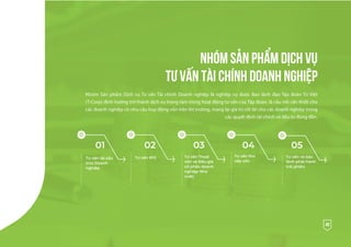 NHÓM SẢN PHẨM DỊCH VỤ
TƯ VẤN TÀI CHÍNH DOANH NGHIỆP
49
Nhóm Sản phẩm Dịch vụ Tư vấn Tài chính Doanh nghiệp là nghiệp vụ được Ban lãnh đạo Tập đoàn Trí Việt
(T-Corp) định hướng trở thành dịch vụ trọng tâm trong hoạt động tư vấn của Tập đoàn, là cầu nối cần thiết cho
các doanh nghiệp có nhu cầu huy động vốn trên thị trường, mang lại giá trị cốt lõi cho các doanh nghiệp trong
các quyết định tài chính và đầu tư đúng đắn.
01 02 03 04 05
Tư vấn tái cấu
trúc Doanh
nghiệp
Tư vấn Thoái
vốn và Đấu giá
cổ phần doanh
nghiệp Nhà
nước
Tư vấn thu
xếp vốn
Tư vấn và bảo
lãnh phát hành
trái phiếu
Tư vấn IPO
 