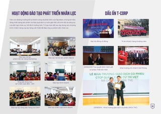 53
Trên con đường hướng tới sự thành công và phát triển của Tập đoàn, chúng tôi hiểu
rằng chất lượng sản phẩm và hiệu quả dịch vụ luôn gắn liền với trình độ và năng lực
của đội ngũ nhân sự. Với định hướng trên, T-Corp luôn đề cao xây dựng các chương
trình nhằm nâng cao kỹ năng cần thiết để đáp ứng sự phát triển nhân lực.
HOẠT ÐỘNG ÐÀO TẠO PHÁT TRIỂN NHÂN LỰC DẤU ẤN T-CORP
Đào tạo nội bộ
phát triển kỹ năng Marketing
Đào tạo nội bộ sản phẩm IBond
Tổng kết khóa học
QT chiến lược BSC - KPI
Đào tạo kỹ năng bán hàng và CSKH Đào tạo chiến lược kinh doanh 23/09/2014 - Khai trương giao dịch cổ phiếu (MCK: TVC)
Đào tạo Kinh Doanh
Khai trương chi nhánh Hải Phòng
Tri ân Khách hàng thường niên
29/06/2018 Trao quyết định niêm yết
cổ phiếu TVB trên HSX
Đại hội đồng cổ đông
 