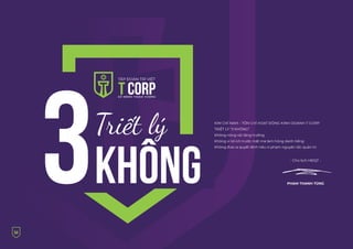 54
3KHÔNG
Triết lý KIM CHỈ NAM – TÔN CHỈ HOẠT ĐỘNG KINH DOANH T-CORP
TRIẾT LÝ “3 KHÔNG”
Không nóng vội tăng trưởng
Không vì lợi ích trước mắt mà làm hỏng danh tiếng
Không đưa ra quyết định nếu vi phạm nguyên tắc quản trị
- Chủ tịch HĐQT -
PHẠM THANH TÙNG
 