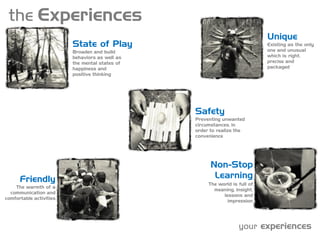 the Experiences
                                                                            Unique
                         State of Play                                      Existing as the only
                         Broaden and build                                  one and unusual
                         behaviors as well as                               which is right,
                         the mental states of                               precise and
                         happiness and                                      packaged
                         positive thinking




                                                Safety
                                                Preventing unwanted
                                                circumstances, in
                                                order to realize the
                                                convenience




                                                      Non-Stop
      Friendly                                         Learning
                                                     The world is full of
    The warmth of a
                                                       meaning, insight,
  communication and
                                                           lessons and
comfortable activities
                                                             impression




                                                                  your experiences
 