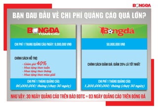 Bạn đau đầu về chi phí quảng cáo quá lớn?
Chi phí 1 trang quảng cáo/ngày: 9,000,000 VNĐ
Chính sách hỗ trợ:
Chính sách giảm giá: Giảm 20% là tốt nhất
Chi phí 1 tháng quảng cáo:
1,200,000,000/ tháng (chạy 30 ngày)
Chi phí 1 tháng quảng cáo:
90,000,000/ tháng (chạy 30 ngày)
- Giảm giá 40%
- Mua tặng theo tuần
- Mua tặng theo tháng
- Mua tặng theo mùa giải
50,000,000 VNĐ
Như vậy: 30 ngày quảng cáo trên báo BdTC = 03 ngày quảng cáo trên Bóng đá
Bạn đau đầu về chi phí quảng cáo quá lớn?
 