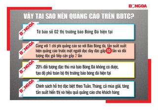 vậy Tại sao nên quảng cáo Trên BDTc?
Tờ báo số 02 thị trường báo Bóng Đá hiện tại
20% đối tượng đặc thù mà báo Bóng Đá không có được,
tạo độ phủ toàn bộ thị trường báo bóng đá hiện tại
Chính sách hỗ trợ đặc biệt theo Tuần, Tháng, cả mùa giải, tăng
tần suất hiển thị và hiệu quả quảng cáo cho khách hàng
Cùng với 1 chi phí quảng cáo so với Báo Bóng đá, tần suất xuất
hiện quảng cáo trước mặt người đọc dày đặc gấp 10 lần và đối
tượng độc giả tiếp cận gấp 2 lần
vậy Tại sao nên quảng cáo Trên BDTc?
 