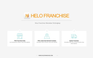 Situs Franchise Waralaba Terlengkap
WWW.HELOFRANCHISE.COM
Dilengkapi dengan kemudahan pencarian merk franchise menjadikan Helo Franchise sebagai #1 Situs Franchise Waralaba di
Indonesia.
 