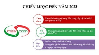 CHIẾN LƯỢC ĐẾN NĂM 2023
Trở thành công ty hàng đầu cung cấp hệ sinh thái
cho gia đình Việt
Mang công nghệ mới vào đời sống phục vụ gia
đình Việt
Sự hài lòng của khách hàng
Mang sản phẩm mới tới mọi đối tượng khách hàng
Sáng tạo và công nghệ
Tầm
nhìn
Sứ
mệnh
Mục
tiêu
 