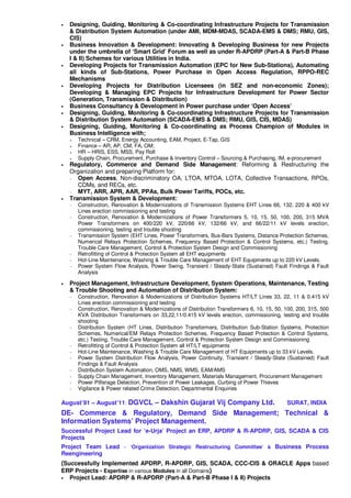 • Designing, Guiding, Monitoring & Co-coordinating Infrastructure Projects for Transmission
& Distribution System Automation (under AMI, MDM-MDAS, SCADA-EMS & DMS; RMU, GIS,
CIS)
• Business Innovation & Development: Innovating & Developing Business for new Projects
under the umbrella of ‘Smart Grid’ Forum as well as under R-APDRP (Part-A & Part-B Phase
I & II) Schemes for various Utilities in India.
• Developing Projects for Transmission Automation (EPC for New Sub-Stations), Automating
all kinds of Sub-Stations, Power Purchase in Open Access Regulation, RPPO-REC
Mechanisms
• Developing Projects for Distribution Licensees (in SEZ and non-economic Zones);
Developing & Managing EPC Projects for Infrastructure Development for Power Sector
(Generation, Transmission & Distribution)
• Business Consultancy & Development in Power purchase under ‘Open Access’
• Designing, Guiding, Monitoring & Co-coordinating Infrastructure Projects for Transmission
& Distribution System Automation (SCADA-EMS & DMS; RMU, GIS, CIS, MDAS)
• Designing, Guiding, Monitoring & Co-coordinating as Process Champion of Modules in
Business Intelligence with;
Technical – CRM, Energy Accounting, EAM, Project, E-Tap, GIS
Finance – AR, AP, CM, FA, OM;
HR – HRIS, ESS, MSS, Pay Roll
Supply Chain, Procurement, Purchase & Inventory Control – Sourcing & Purchasing, IM, e-procurement
• Regulatory, Commerce and Demand Side Management: Reforming & Restructuring the
Organization and preparing Platform for:
~ Open Access, Non-discriminatory OA, LTOA, MTOA, LOTA, Collective Transactions, RPOs,
CDMs, and RECs, etc.
~ MYT, ARR, APR, AAR, PPAs, Bulk Power Tariffs, POCs, etc.
• Transmission System & Development:
~ Construction, Renovation & Modernizations of Transmission Systems EHT Lines 66, 132, 220 & 400 kV
Lines erection commissioning and testing
~ Construction, Renovation & Modernizations of Power Transformers 5, 10, 15, 50, 100, 200, 315 MVA
Power Transformers on 400/220 kV, 220/66 kV, 132/66 kV, and 66/22/11 kV levels erection,
commissioning, testing and trouble shooting
~ Transmission System (EHT Lines, Power Transformers, Bus-Bars Systems, Distance Protection Schemes,
Numerical Relays Protection Schemes, Frequency Based Protection & Control Systems, etc.) Testing,
Trouble Care Management, Control & Protection System Design and Commissioning
~ Retrofitting of Control & Protection System all EHT equipments
~ Hot-Line Maintenance, Washing & Trouble Care Management of EHT Equipments up to 220 kV Levels.
~ Power System Flow Analysis, Power Swing, Transient / Steady-State (Sustained) Fault Findings & Fault
Analysis
• Project Management, Infrastructure Development, System Operations, Maintenance, Testing
& Trouble Shooting and Automation of Distribution System:
~ Construction, Renovation & Modernizations of Distribution Systems HT/LT Lines 33, 22, 11 & 0.415 kV
Lines erection commissioning and testing
~ Construction, Renovation & Modernizations of Distribution Transformers 6, 10, 15, 50, 100, 200, 315, 500
KVA Distribution Transformers on 33,22,11/0.415 kV levels erection, commissioning, testing and trouble
shooting
~ Distribution System (HT Lines, Distribution Transformers, Distribution Sub-Station Systems, Protection
Schemes, Numerical/EM Relays Protection Schemes, Frequency Based Protection & Control Systems,
etc.) Testing, Trouble Care Management, Control & Protection System Design and Commissioning
~ Retrofitting of Control & Protection System all HT/LT equipments
~ Hot-Line Maintenance, Washing & Trouble Care Management of HT Equipments up to 33 kV Levels.
~ Power System Distribution Flow Analysis, Power Continuity, Transient / Steady-State (Sustained) Fault
Findings & Fault Analysis
~ Distribution System Automation, OMS, NMS, WMS, EAM/AMS
~ Supply Chain Management, Inventory Management, Materials Management, Procurement Management
~ Power Pilferage Detection, Prevention of Power Leakages, Curbing of Power Thieves
~ Vigilance & Power related Crime Detection, Departmental Enquiries
August’91 – August’11: DGVCL – Dakshin Gujarat Vij Company Ltd. SURAT, INDIA
DE- Commerce & Regulatory, Demand Side Management; Technical &
Information Systems’ Project Management.
Successful Project Lead for ‘e-Urja’ Project an ERP, APDRP & R-APDRP, GIS, SCADA & CIS
Projects
Project Team Lead – ‘Organization Strategic Restructuring Committee’ & Business Process
Reengineering
(Successfully Implemented APDRP, R-APDRP, GIS, SCADA, CCC-CIS & ORACLE Apps based
ERP Projects - Expertise in various Modules in all Domains)
• Project Lead: APDRP & R-APDRP (Part-A & Part-B Phase I & II) Projects
 