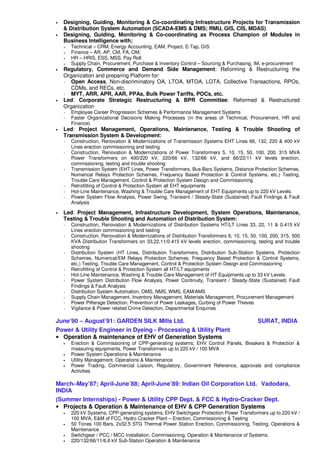• Designing, Guiding, Monitoring & Co-coordinating Infrastructure Projects for Transmission
& Distribution System Automation (SCADA-EMS & DMS; RMU, GIS, CIS, MDAS)
• Designing, Guiding, Monitoring & Co-coordinating as Process Champion of Modules in
Business Intelligence with;
Technical – CRM, Energy Accounting, EAM, Project, E-Tap, GIS
Finance – AR, AP, CM, FA, OM;
HR – HRIS, ESS, MSS, Pay Roll
Supply Chain, Procurement, Purchase & Inventory Control – Sourcing & Purchasing, IM, e-procurement
• Regulatory, Commerce and Demand Side Management: Reforming & Restructuring the
Organization and preparing Platform for:
~ Open Access, Non-discriminatory OA, LTOA, MTOA, LOTA, Collective Transactions, RPOs,
CDMs, and RECs, etc.
~ MYT, ARR, APR, AAR, PPAs, Bulk Power Tariffs, POCs, etc.
• Led: Corporate Strategic Restructuring & BPR Committee: Reformed & Restructured
Organization
~ Employee Career Progression Schemes & Performance Management Systems
~ Faster Organizational Decisions Making Processes (in the areas of Technical, Procurement, HR and
Finance)
• Led: Project Management, Operations, Maintenance, Testing & Trouble Shooting of
Transmission System & Development:
~ Construction, Renovation & Modernizations of Transmission Systems EHT Lines 66, 132, 220 & 400 kV
Lines erection commissioning and testing
~ Construction, Renovation & Modernizations of Power Transformers 5, 10, 15, 50, 100, 200, 315 MVA
Power Transformers on 400/220 kV, 220/66 kV, 132/66 kV, and 66/22/11 kV levels erection,
commissioning, testing and trouble shooting
~ Transmission System (EHT Lines, Power Transformers, Bus-Bars Systems, Distance Protection Schemes,
Numerical Relays Protection Schemes, Frequency Based Protection & Control Systems, etc.) Testing,
Trouble Care Management, Control & Protection System Design and Commissioning
~ Retrofitting of Control & Protection System all EHT equipments
~ Hot-Line Maintenance, Washing & Trouble Care Management of EHT Equipments up to 220 kV Levels.
~ Power System Flow Analysis, Power Swing, Transient / Steady-State (Sustained) Fault Findings & Fault
Analysis
• Led: Project Management, Infrastructure Development, System Operations, Maintenance,
Testing & Trouble Shooting and Automation of Distribution System:
~ Construction, Renovation & Modernizations of Distribution Systems HT/LT Lines 33, 22, 11 & 0.415 kV
Lines erection commissioning and testing
~ Construction, Renovation & Modernizations of Distribution Transformers 6, 10, 15, 50, 100, 200, 315, 500
KVA Distribution Transformers on 33,22,11/0.415 kV levels erection, commissioning, testing and trouble
shooting
~ Distribution System (HT Lines, Distribution Transformers, Distribution Sub-Station Systems, Protection
Schemes, Numerical/EM Relays Protection Schemes, Frequency Based Protection & Control Systems,
etc.) Testing, Trouble Care Management, Control & Protection System Design and Commissioning
~ Retrofitting of Control & Protection System all HT/LT equipments
~ Hot-Line Maintenance, Washing & Trouble Care Management of HT Equipments up to 33 kV Levels.
~ Power System Distribution Flow Analysis, Power Continuity, Transient / Steady-State (Sustained) Fault
Findings & Fault Analysis
~ Distribution System Automation, OMS, NMS, WMS, EAM/AMS
~ Supply Chain Management, Inventory Management, Materials Management, Procurement Management
~ Power Pilferage Detection, Prevention of Power Leakages, Curbing of Power Thieves
~ Vigilance & Power related Crime Detection, Departmental Enquiries
June’90 – August’91: GARDEN SILK Mills Ltd. SURAT, INDIA
Power & Utility Engineer in Dyeing - Processing & Utility Plant
• Operation & maintenance of EHV of Generation Systems
• Erection & Commissioning of CPP-generating systems; EHV Control Panels, Breakers & Protection &
measuring equipments, Power Transformers up to 220 kV / 100 MVA
• Power System Operations & Maintenance
• Utility Management, Operations & Maintenance
• Power Trading, Commercial Liaison, Regulatory, Government Reference, approvals and compliance
Activities
March–May’87; April-June’88; April-June’89: Indian Oil Corporation Ltd. Vadodara,
INDIA
(Summer Internships) - Power & Utility CPP Dept. & FCC & Hydro-Cracker Dept.
• Projects & Operation & Maintenance of EHV & CPP Generation Systems
• 220 kV Systems, CPP-generating systems; EHV Switchgear Protection Power Transformers up to 220 kV /
100 MVA; E&M of FCC, Hydro Cracker Plant – Erection, Commissioning & Testing
• 50 Tones 100 Bars, 2x32.5 STG Thermal Power Station Erection, Commissioning, Testing, Operations &
Maintenance
• Switchgear / PCC / MCC Installation, Commissioning, Operation & Maintenance of Systems.
• 220/132/66/11/6.6 kV Sub-Station Operation & Maintenance
 