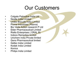 Our Customers Colgate Palmolive India Ltd Nestle India Limited Unibic Biscuits India Limited Pioma Industries ( Rasna) Bio Veda Action research P Ltd Elder Pharmaceutical Limited Rialto Enterprises ( ORAL B) Indoco Remedies limited Unichem India Private limited Geno Pharmaceutical limited Geltec India Limited Kodak India Limited Konica  Philips India Limited 