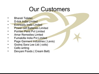 Our Customers Bharati Teletec D-link India Limited Eveready India Limited Power cell Batteries Limited Pointec Pens Pvt Limited Amar Remedies Limted Fumakilla India Pvt Limited Page Garment Industries ( Levis) Godrej Sara Lee Ltd ( coils) Cello writing Devyani Foods ( Cream Bell) 