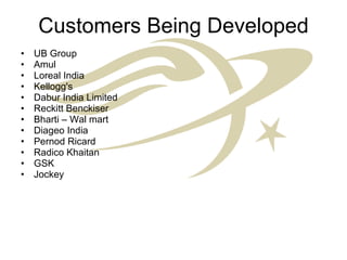 Customers Being Developed UB Group Amul  Loreal India  Kellogg's Dabur India Limited Reckitt Benckiser Bharti – Wal mart Diageo India Pernod Ricard  Radico Khaitan GSK Jockey 