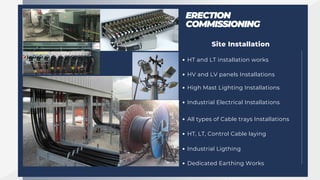 ERECTION
COMMISSIONING
Site Installation
HT and LT installation works
HV and LV panels Installations
High Mast Lighting Installations
Industrial Electrical Installations
All types of Cable trays Installations
HT, LT, Control Cable laying
Industrial Ligthing
Dedicated Earthing Works
 