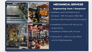 MECHANICAL SERVICES
Engineering Team / Manpower
Installation and Commissioning of
Conveyors - P&F Conveyors, Roller Bed
Conveyors, Belt Conveyors, EMS Conveyors
Installations of Drum Lift, Pop up Lift,
Scissor lift etc..
Installation of Robot cells, Fixtures
Piping Work - Utility, Air, Gas, Water
and Fire Fighting piping
 
