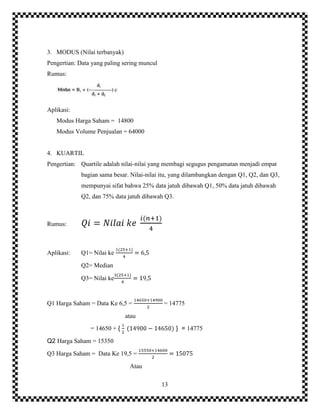 13
3. MODUS (Nilai terbanyak)
Pengertian: Data yang paling sering muncul
Rumus:
Aplikasi:
Modus Harga Saham = 14800
Modus Volume Penjualan = 64000
4. KUARTIL
Pengertian: Quartile adalah nilai-nilai yang membagi segugus pengamatan menjadi empat
bagian sama besar. Nilai-nilai itu, yang dilambangkan dengan Q1, Q2, dan Q3,
mempunyai sifat bahwa 25% data jatuh dibawah Q1, 50% data jatuh dibawah
Q2, dan 75% data jatuh dibawah Q3.
Rumus:
Aplikasi: Q1= Nilai ke
Q2= Median
Q3= Nilai ke
Q1 Harga Saham = Data Ke 6,5 = = 14775
atau
= 14650 + { } = 14775
Q2 Harga Saham = 15350
Q3 Harga Saham = Data Ke 19,5 =
Atau
 