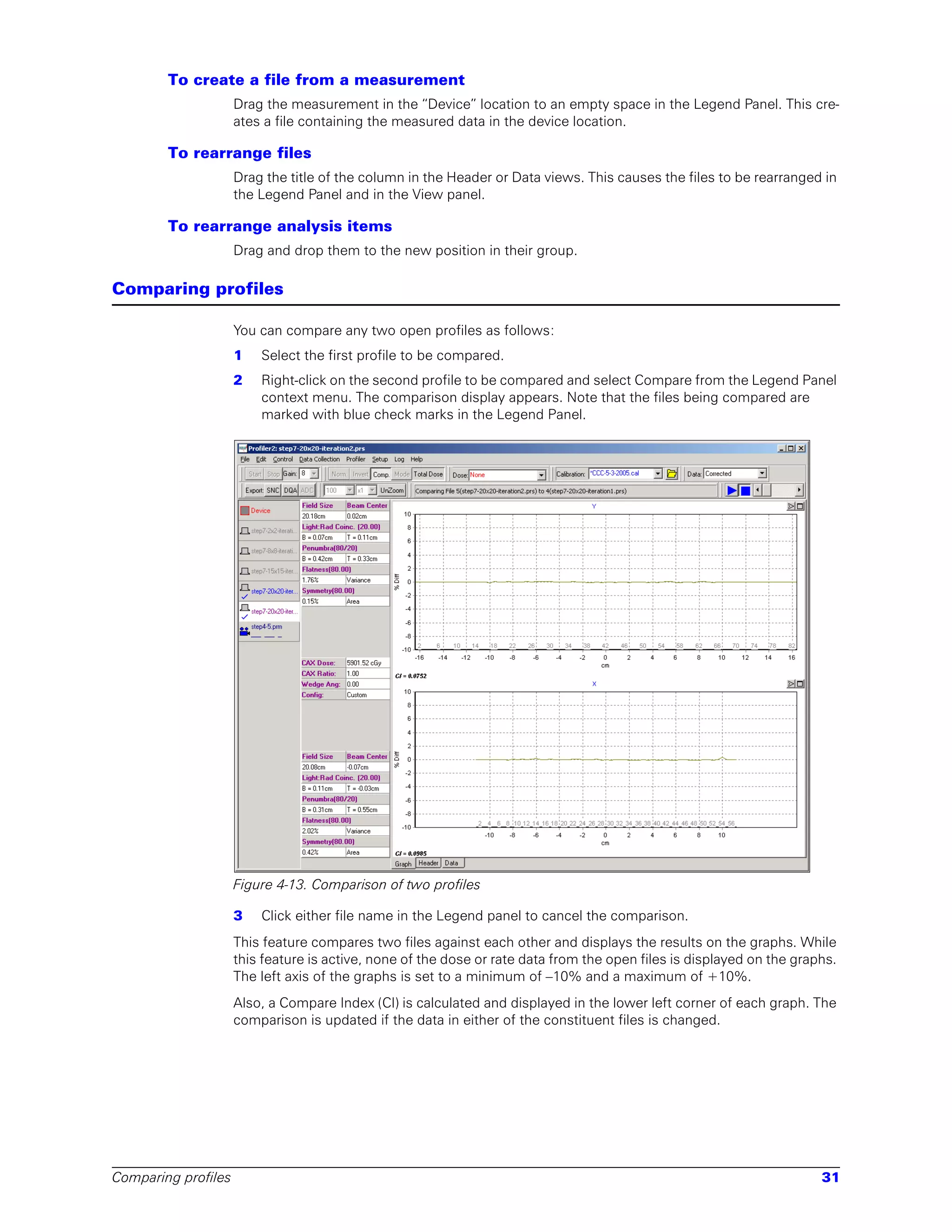 To create a file from a measurement
                     Drag the measurement in the “Device” location to an empty space in the Legend Panel. This cre-
                     ates a file containing the measured data in the device location.

        To rearrange files
                     Drag the title of the column in the Header or Data views. This causes the files to be rearranged in
                     the Legend Panel and in the View panel.

        To rearrange analysis items
                     Drag and drop them to the new position in their group.

Comparing profiles

                     You can compare any two open profiles as follows:
                     1   Select the first profile to be compared.
                     2   Right-click on the second profile to be compared and select Compare from the Legend Panel
                         context menu. The comparison display appears. Note that the files being compared are
                         marked with blue check marks in the Legend Panel.




                     Figure 4-13. Comparison of two profiles

                     3   Click either file name in the Legend panel to cancel the comparison.
                     This feature compares two files against each other and displays the results on the graphs. While
                     this feature is active, none of the dose or rate data from the open files is displayed on the graphs.
                     The left axis of the graphs is set to a minimum of –10% and a maximum of +10%.
                     Also, a Compare Index (CI) is calculated and displayed in the lower left corner of each graph. The
                     comparison is updated if the data in either of the constituent files is changed.




Comparing profiles                                                                                                     31
 
