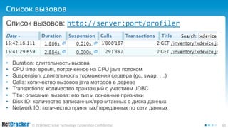Список вызовов 
Список вызовов: http://server:port/profiler 
• Duration: длительность вызова 
• CPU time: время, потраченное на CPU java потоком 
• Suspension: длительность торможения сервера (gc, swap, …) 
• Calls: количество вызовов java методов в дереве 
• Transactions: количество транзакций с участием JDBC 
• Title: описание вызова: его тип и основные признаки 
• Disk IO: количество записанных/прочитанных с диска данных 
• Network IO: количество принятых/переданных по сети данных 
© 2014 NetCracker Technology Corporation Confidential 63 

