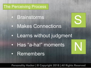 S
The Perceiving Process
N
• Brainstorms
• Makes Connections
• Learns without judgment
• Has “a-ha!” moments
• Remembers
Personality Hacker | © Copyright 2018 | All Rights Reserved
 