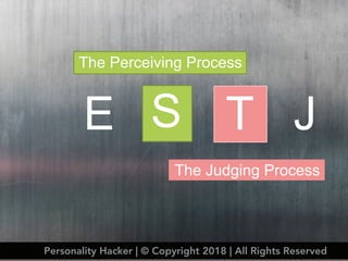 E S T J
The Perceiving Process
The Judging Process
Personality Hacker | © Copyright 2018 | All Rights Reserved
 