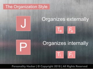 The Organization Style
J
P
Organizes externally
T F
Organizes internally
T F
e e
i i
Personality Hacker | © Copyright 2018 | All Rights Reserved
 