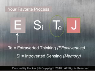 E S T J
Your Favorite Process
ei
Te = Extraverted Thinking (Effectiveness)
Si = Introverted Sensing (Memory)
Personality Hacker | © Copyright 2018 | All Rights Reserved
 