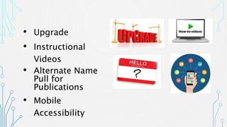 • Upgrade
• Instructional
Videos
• Alternate Name
Pull for
Publications
• Mobile
Accessibility
 