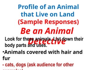 Profile of an Animal
that Live on Land
(Sample Responses)
Be an Animal
Detective
Look for these animals. List down their
body parts and uses.
•Animals covered with hair and
fur
- cats, dogs (ask audience for other
 