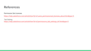 References
Permission Set Licenses
https://help.salesforce.com/articleView?id=sf.users_permissionset_licenses_about.htm&type=5
Tab Setting
https://help.salesforce.com/articleView?id=sf.permissions_tab_settings_ref.htm&type=5
 