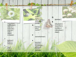 M
                        mad (           Q
                        mean (
                        mischievous (       queasy (
I                       miserable (     R
    impatient (         moody (             reluctant (
    indifferent (   N
    inferior (          nervous (           resentful (
    insecure (          nice (              restless (
    intense (           numb (              ridiculous (
    irate (                                 riled (
    irked (
    irritated (     0
                        overwhelmed (
J
    jealous (       P
    jittery (           panicky (
    joyous (            patient (
L                       pessimistic (
    lazy (              pleased (
    leery (             proud (
    lonely (            puzzled (
    loved (
    loving (
 