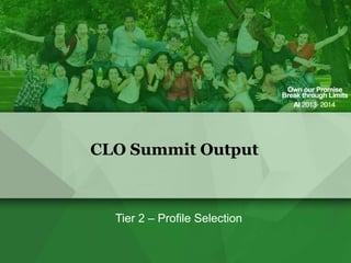 CLO Summit Output

Tier 2 – Profile Selection

 