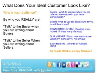 What Does Your Ideal Customer Look Like? Who is your audience?   Be who you REALLY are! "Talk" to the Buyer when you are writing about Buyers. "Talk" to the Seller When you are writing about Sellers. Buyers - what do you say when you are referred to someone in your Initial Conversation?   Sellers What do you tell people who HAVE to sell their house?   CONNECTION to YOU!  Gardner, mom, moved 17 times in my life (true)   OUR MARKET / Stats, How we compare  Weather?  Seriously?? Not Unique   Basic Relo info - Awards for Raleigh, JOBS   Do People MOVE or do they Relocate?  