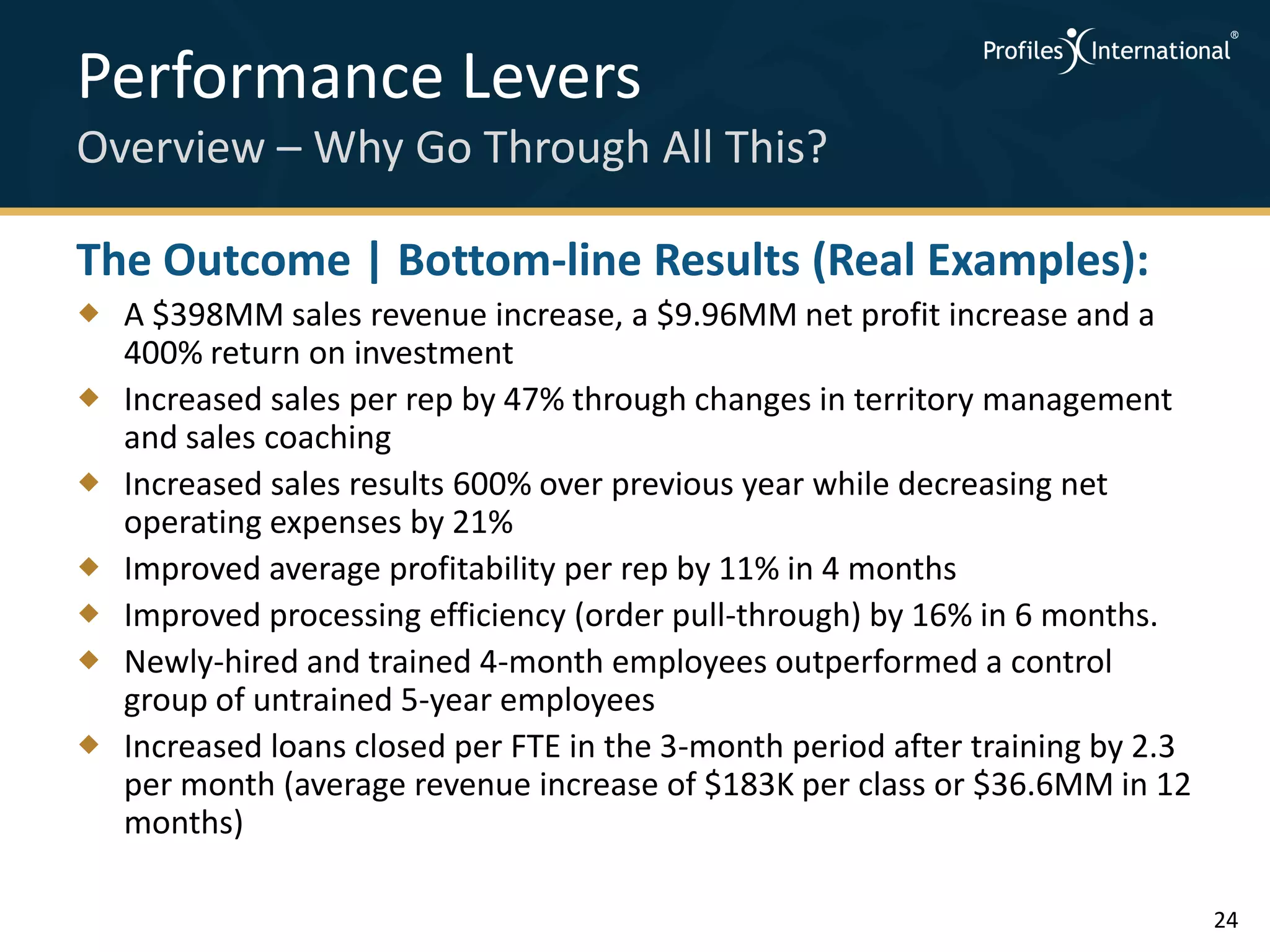 Performance Levers
Overview – Why Go Through All This?

The Outcome | Bottom-line Results (Real Examples):
 A $398MM sales revenue increase, a $9.96MM net profit increase and a
  400% return on investment
 Increased sales per rep by 47% through changes in territory management
  and sales coaching
 Increased sales results 600% over previous year while decreasing net
  operating expenses by 21%
 Improved average profitability per rep by 11% in 4 months
 Improved processing efficiency (order pull-through) by 16% in 6 months.
 Newly-hired and trained 4-month employees outperformed a control
  group of untrained 5-year employees
 Increased loans closed per FTE in the 3-month period after training by 2.3
  per month (average revenue increase of $183K per class or $36.6MM in 12
  months)

                                                                               24
 