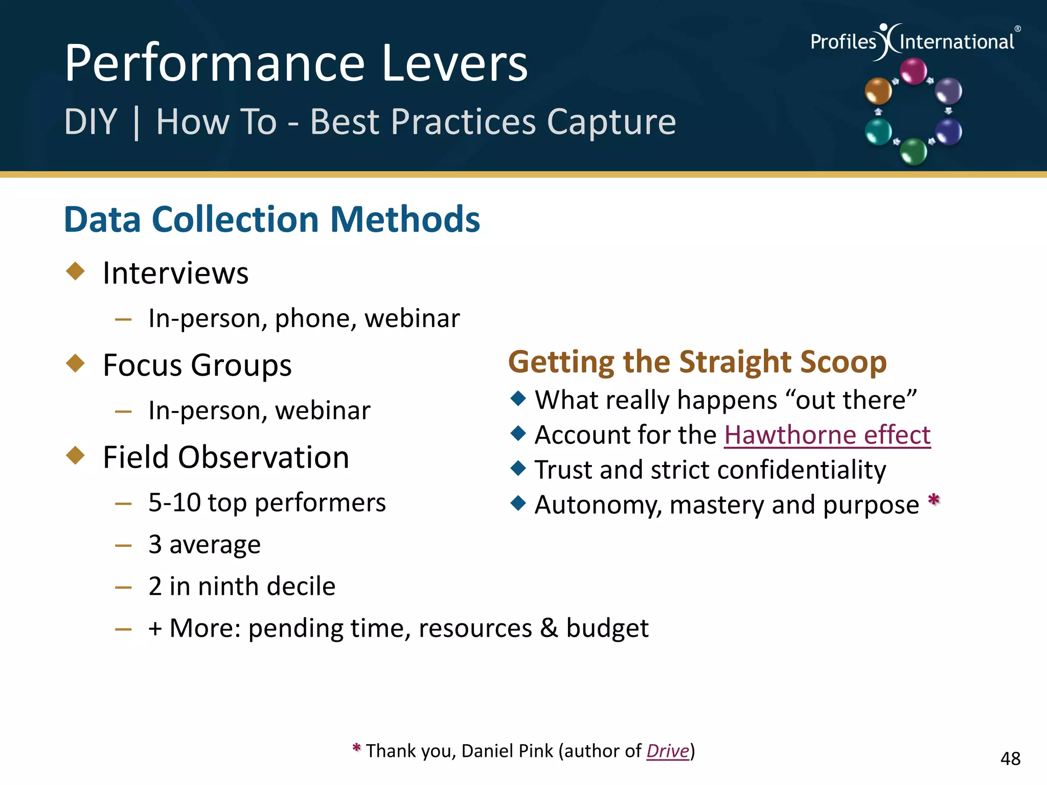 Performance Levers                                                     .
                                                                           .



                                                                               .




DIY | How To - Best Practices Capture                                  .



                                                                           .
                                                                               .




Data Collection Methods
 Interviews
   – In-person, phone, webinar
 Focus Groups                            Getting the Straight Scoop
   – In-person, webinar                    What really happens “out there”
                                           Account for the Hawthorne effect
 Field Observation                        Trust and strict confidentiality
   –   5-10 top performers                 Autonomy, mastery and purpose *
   –   3 average
   –   2 in ninth decile
   –   + More: pending time, resources & budget



                       * Thank you, Daniel Pink (author of Drive)                  48
 
