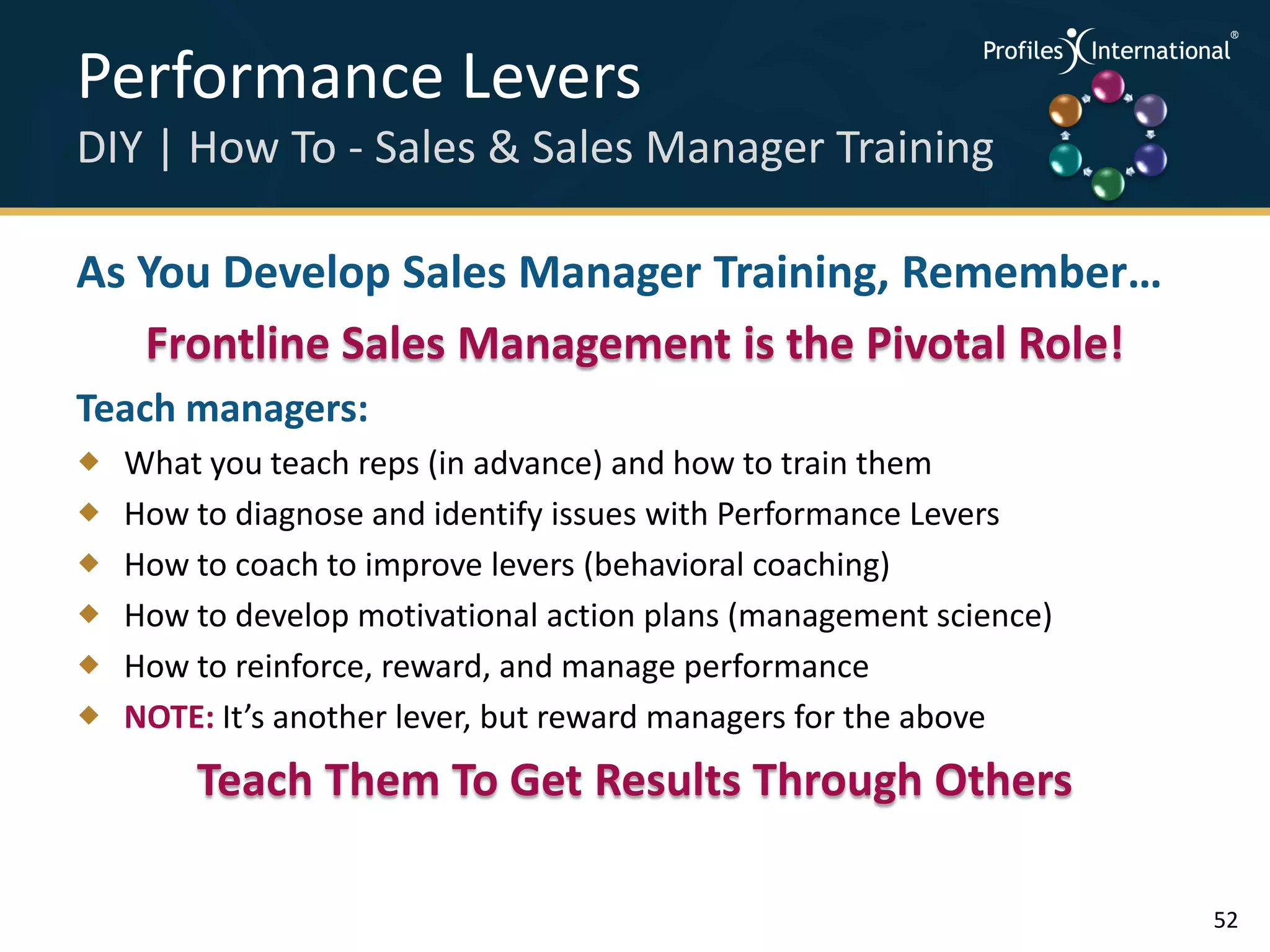 Performance Levers                                                  .
                                                                        .



                                                                            .




DIY | How To - Sales & Sales Manager Training                       .



                                                                        .
                                                                            .




As You Develop Sales Manager Training, Remember…
   Frontline Sales Management is the Pivotal Role!
Teach managers:
   What you teach reps (in advance) and how to train them
   How to diagnose and identify issues with Performance Levers
   How to coach to improve levers (behavioral coaching)
   How to develop motivational action plans (management science)
   How to reinforce, reward, and manage performance
   NOTE: It’s another lever, but reward managers for the above
        Teach Them To Get Results Through Others

                                                                                52
 