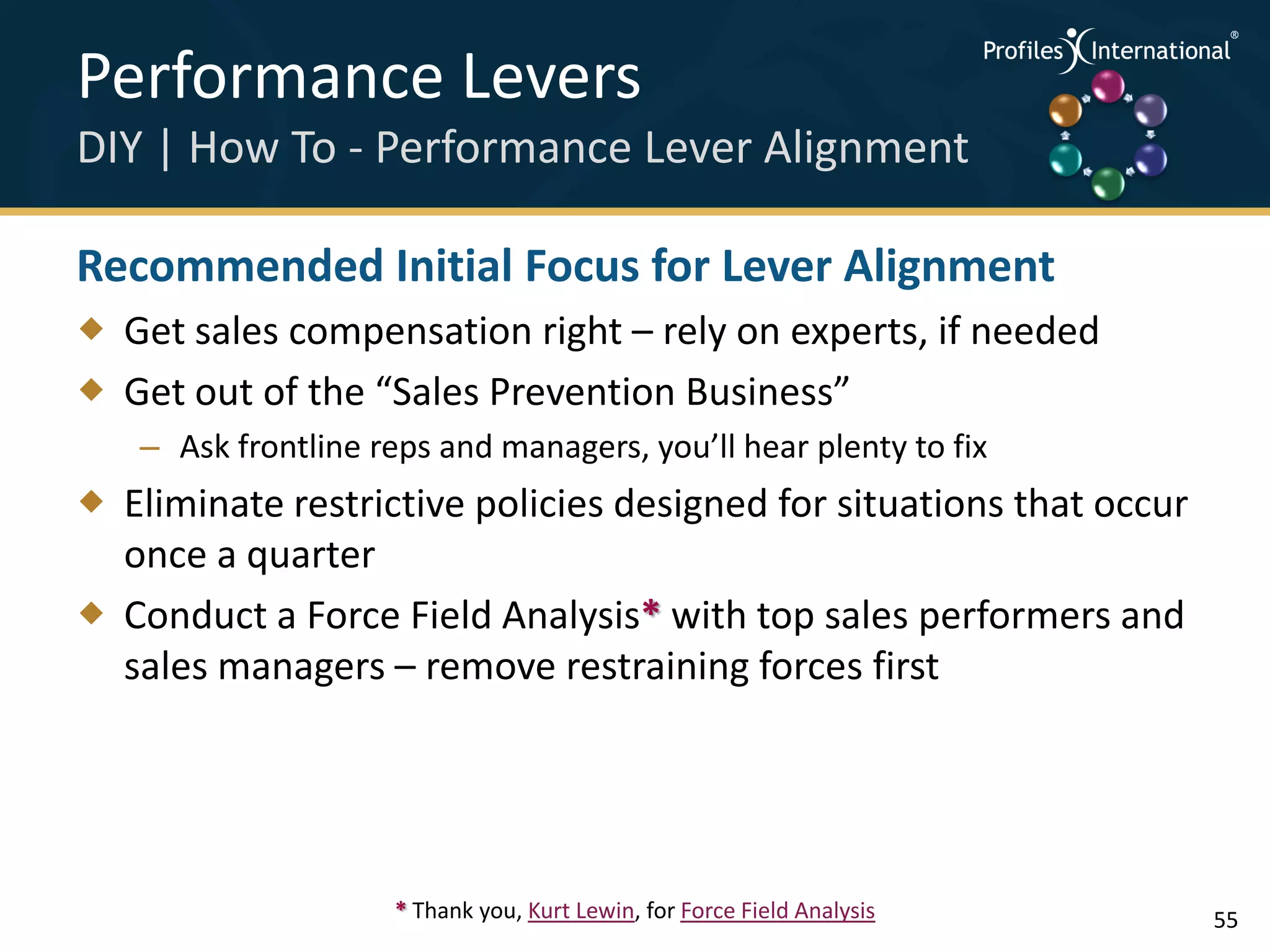 Performance Levers                                                       .
                                                                             .



                                                                                 .




DIY | How To - Performance Lever Alignment                               .



                                                                             .
                                                                                 .




Recommended Initial Focus for Lever Alignment
 Get sales compensation right – rely on experts, if needed
 Get out of the “Sales Prevention Business”
   – Ask frontline reps and managers, you’ll hear plenty to fix
 Eliminate restrictive policies designed for situations that occur
  once a quarter
 Conduct a Force Field Analysis* with top sales performers and
  sales managers – remove restraining forces first




                     * Thank you, Kurt Lewin, for Force Field Analysis               55
 