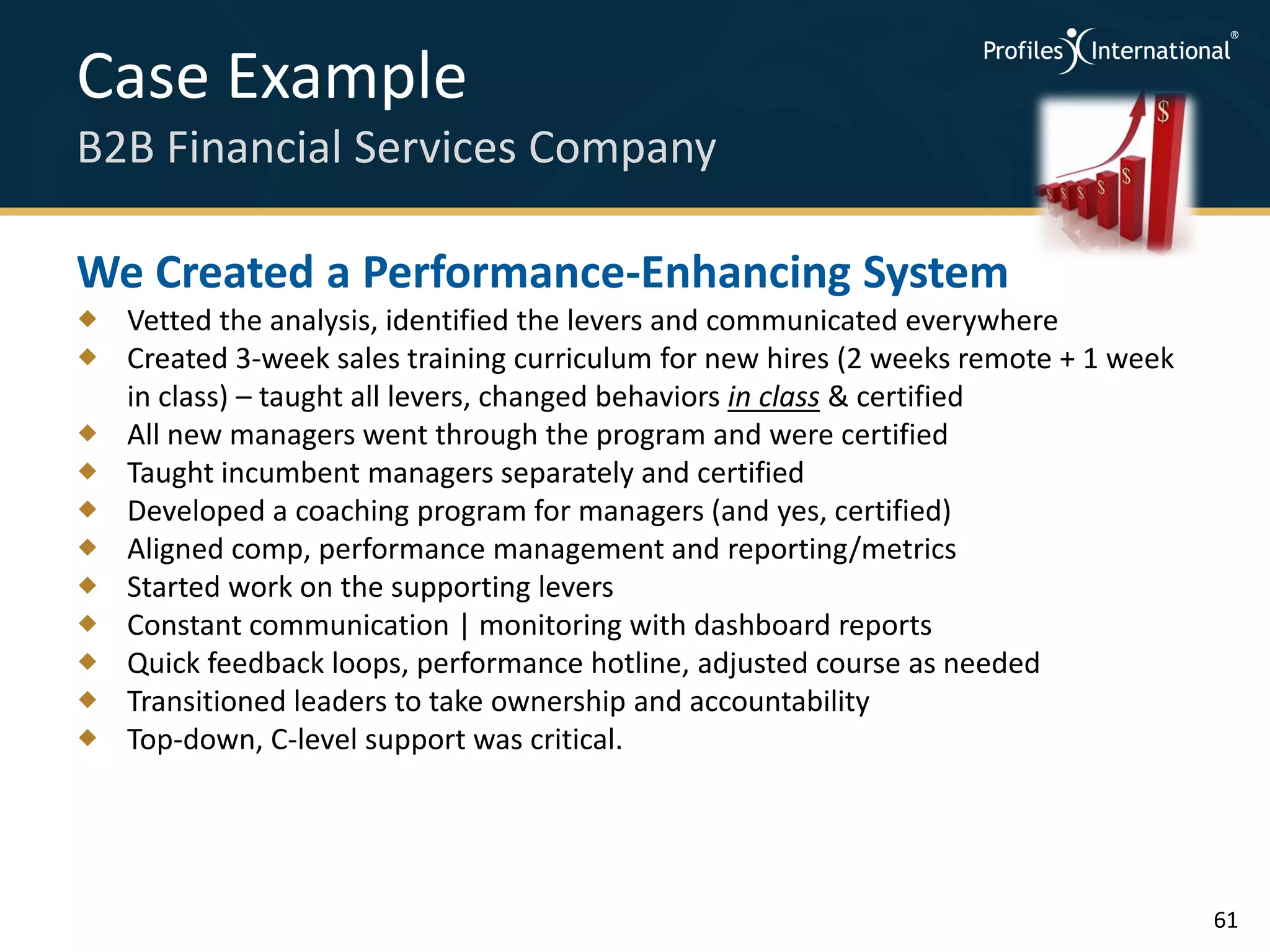 Case Example
B2B Financial Services Company

We Created a Performance-Enhancing System
 Vetted the analysis, identified the levers and communicated everywhere
 Created 3-week sales training curriculum for new hires (2 weeks remote + 1 week
  in class) – taught all levers, changed behaviors in class & certified
 All new managers went through the program and were certified
 Taught incumbent managers separately and certified
 Developed a coaching program for managers (and yes, certified)
 Aligned comp, performance management and reporting/metrics
 Started work on the supporting levers
 Constant communication | monitoring with dashboard reports
 Quick feedback loops, performance hotline, adjusted course as needed
 Transitioned leaders to take ownership and accountability
 Top-down, C-level support was critical.




                                                                                    61
 