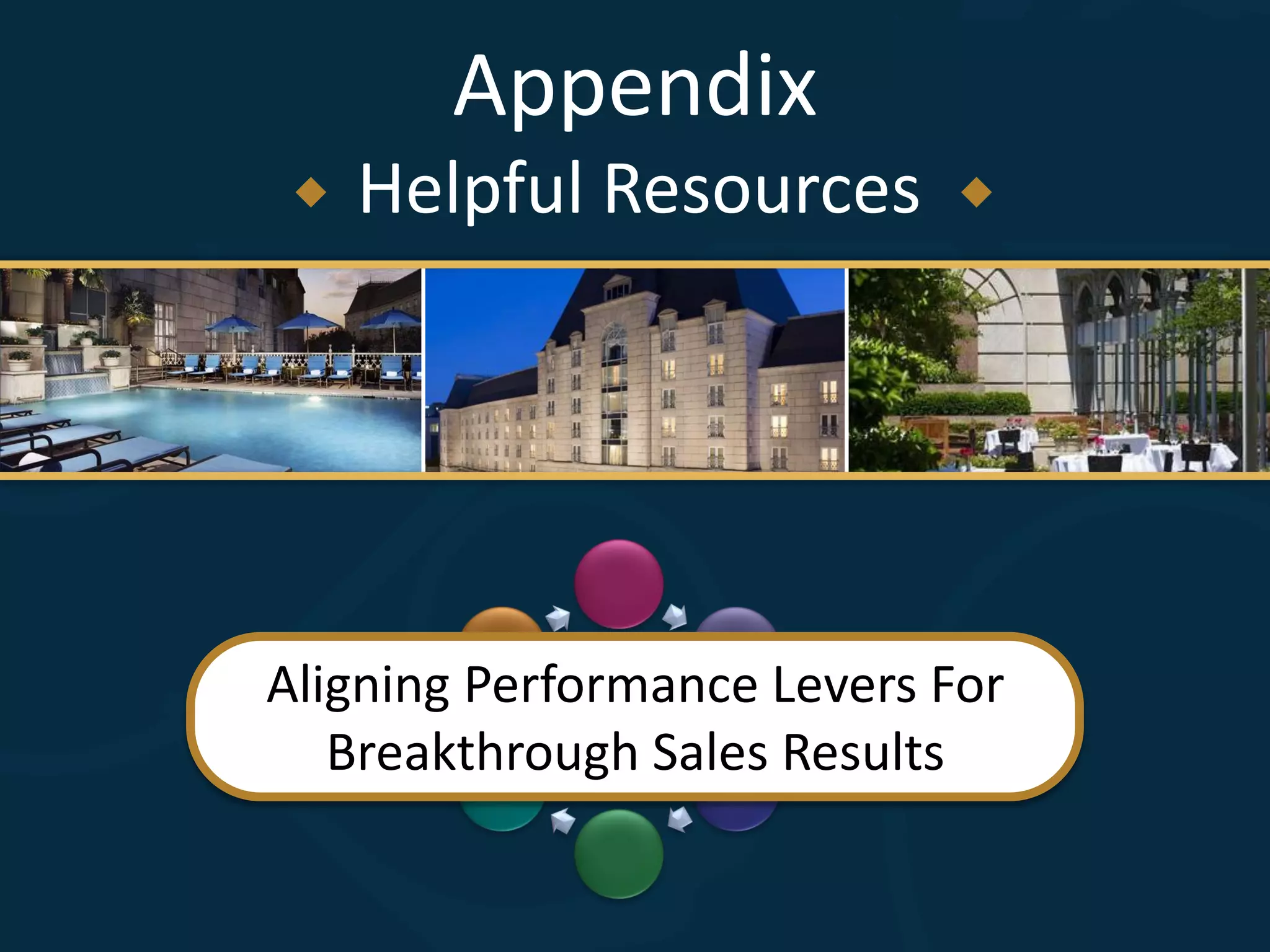 Appendix
    Helpful Resources      




              .




         .         .




Aligning Performance Levers For
   Breakthrough Sales Results
         .         .




              .
 