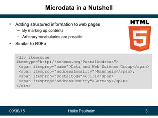 09/30/15 Heiko Paulheim 3
Microdata in a Nutshell
• Adding structured information to web pages
– By marking up contents
– Arbitrary vocabularies are possible
• Similar to RDFa
<div itemscope
itemtype="http://schema.org/PostalAddress">
<span itemprop="name">Data and Web Science Group</span>
<span itemprop="addressLocality">Mannheim</span>,
<span itemprop="postalCode">68131</span>
<span itemprop="addressCountry">Germany</span>
</div>
 