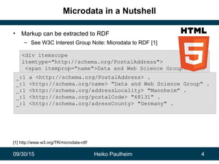 09/30/15 Heiko Paulheim 4
Microdata in a Nutshell
• Markup can be extracted to RDF
– See W3C Interest Group Note: Microdata to RDF [1]
[1] http://www.w3.org/TR/microdata-rdf/
<div itemscope
itemtype="http://schema.org/PostalAddress">
<span itemprop="name">Data and Web Science Group</span>
<span itemprop="addressLocality">Mannheim</span>,
<span itemprop="postalCode">68131</span>
<span itemprop="addressCountry">Germany</span>
</div>
_:1 a <http://schema.org/PostalAddress> .
_:1 <http://schema.org/name> "Data and Web Science Group" .
_:1 <http://schema.org/addressLocality> "Mannheim" .
_:1 <http://schema.org/postalCode> "68131" .
_:1 <http://schema.org/adressCounty> "Germany" .
 