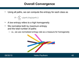 09/30/15 Heiko Paulheim 40
Overall Convergence
• Using all paths, we can compute the entropy for each class as
• A low entropy refers to a high homogeneity
• We normalize both by maximum entropy
and the total number of paths
– i.e., we use normalized entropy rate as a measure for homogeneity
 