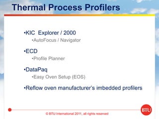 © BTU International 2011, all rights reserved
Thermal Process Profilers
•KIC Explorer / 2000
•AutoFocus / Navigator
•ECD
•Profile Planner
•DataPaq
•Easy Oven Setup (EOS)
•Reflow oven manufacturer’s imbedded profilers
 