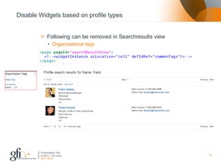 Disable Widgets based on profile types


        > Following can be removed in Searchresults view
              • Organizational tags




        Presentation Title
        © 2012 – Gfi nv/sa                                 19
        30/11/2012
 