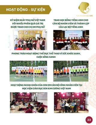 KỶNIỆMNGÀYPHỤNỮVIỆTNAM
VỚINHIỀUPHẦNQUÀGIÁTRỊ
ĐƯỢCTRAOCHOCHỊEMPHỤNỮ
TRAOHỌCBỔNGTIẾNGANHCHO
CÁNBỘNHÂNVIÊNVÀTHÀNHLẬP
CÂULẠCBỘTIẾNGANH
PHONGTRÀOHOẠTĐỘNGTHỂDỤCTHỂTHAOVÌSỨCKHỎEXANH,
CUỘCSỐNGXANH
23
HOẠT ĐỘNG - SỰ KIỆN
HOẠTĐỘNGNGOẠIKHÓACỦACONEMCÁNBỘCÔNGNHÂNVIÊNTẠI
HỌCVIỆNGIÁODỤCSENKIMCƯƠNGVIỆTNAM
 