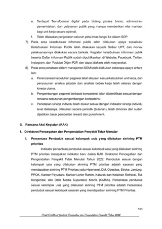 103
Profil Direktorat Jenderal Pencegahan dan Pengendalian Penyakit Tahun 2022
e. Terdapat Transformasi digital pada bidang proses bisnis, administrasi
pemerintahan, dan pelayanan publik yang mampu memberikan nilai manfaat
bagi unit kerja secara optimal.
f. Telah dilakukan penjabaran seluruh peta lintas fungsi ke dalam SOP.
7) Pada area keterbukaan informasi publik telah dilakukan upaya sosialisasi
Keterbukaan Informasi Publik telah dilakukan kepada Satker UPT, dan monev
pelaksanaannya dilakukan secara berkala. Kegiatan keterbukaan informasi publik
beserta Daftar informasi Publik sudah dipublikasikan di Website, Facebook, Twitter,
Instagram, dan Youtube Ditjen P2P, dan dapat diakses oleh masyarakat.
8) Pada area penataan sistem manajemen SDM telah dilakukan beberapa upaya antara
lain:
a. Perencanaan kebutuhan pegawai telah disusun sesuai kebutuhan unit kerja, dan
penyusunan analisis jabatan dan analisis beban kerja telah selaras dengan
kinerja utama.
b. Pengembangan pegawai berbasis kompetensi telah diidentifikasi sesuai dengan
rencana kebutuhan pengembangan kompetensi
c. Penetapan kinerja individu telah diukur sesuai dengan indikator kinerja individu
level diatasnya, dilakukan secara periodik (bulanan), telah dimonev dan sudah
dijadikan dasar pemberian reward dan punishment.
B. Rencana Aksi Kegiatan (RAK)
1. Direktorat Pencegahan dan Pengendalian Penyakit Tidak Menular
I. Persentase Penduduk sesuai kelompok usia yang dilakukan skrining PTM
prioritas
Indikator persentase penduduk sesuai kelompok usia yang dilakukan skrining
PTM prioritas merupakan indikator baru dalam RAK Direktorat Pencegahan dan
Pengendalian Penyakit Tidak Menular Tahun 2022. Penduduk sesuai dengan
kelompok usia yang dilakukan skrining PTM prioritas adalah sasaran yang
mendapatkan skrining PTM Prioritas yaitu Hipertensi, DM, Obesitas, Stroke, Jantung,
PPOK, Kanker Payudara, Kanker Leher Rahim, Katarak dan Kelainan Refraksi, Tuli
Kongenital, dan Otitis Media Supurative Kronis (OMSK). Persentase penduduk
sesuai kelompok usia yang dilakukan skrining PTM prioritas adalah Persentase
penduduk sesuai kelompok sasaran yang mendapatkan skrining PTM Prioritas.
 