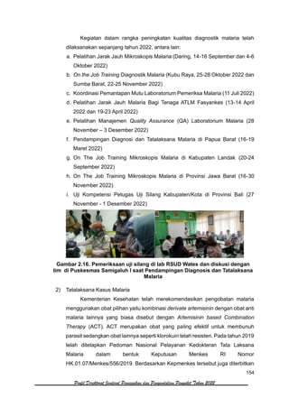 154
Profil Direktorat Jenderal Pencegahan dan Pengendalian Penyakit Tahun 2022
Kegiatan dalam rangka peningkatan kualitas diagnostik malaria telah
dilaksanakan sepanjang tahun 2022, antara lain:
a. Pelatihan Jarak Jauh Mikroskopis Malaria (Daring, 14-16 September dan 4-6
Oktober 2022)
b. On the Job Training Diagnostik Malaria (Kubu Raya, 25-28 Oktober 2022 dan
Sumba Barat, 22-25 November 2022)
c. Koordinasi Pemantapan Mutu Laboratorium Pemeriksa Malaria (11 Juli 2022)
d. Pelatihan Jarak Jauh Malaria Bagi Tenaga ATLM Fasyankes (13-14 April
2022 dan 19-23 April 2022)
e. Pelatihan Manajemen Quality Assurance (QA) Laboratorium Malaria (28
November – 3 Desember 2022)
f. Pendampingan Diagnosi dan Tatalaksana Malaria di Papua Barat (16-19
Maret 2022)
g. On The Job Training Mikroskopis Malaria di Kabupaten Landak (20-24
September 2022)
h. On The Job Training Mikroskopis Malaria di Provinsi Jawa Barat (16-30
November 2022)
i. Uji Kompetensi Petugas Uji Silang Kabupaten/Kota di Provinsi Bali (27
November - 1 Desember 2022)
Gambar 2.16. Pemeriksaan uji silang di lab RSUD Wates dan diskusi dengan
tim di Puskesmas Samigaluh I saat Pendampingan Diagnosis dan Tatalaksana
Malaria
2) Tatalaksana Kasus Malaria
Kementerian Kesehatan telah merekomendasikan pengobatan malaria
menggunakan obat pilihan yaitu kombinasi derivate artemisinin dengan obat anti
malaria lainnya yang biasa disebut dengan Artemisinin based Combination
Therapy (ACT). ACT merupakan obat yang paling efektif untuk membunuh
parasit sedangkan obat lainnya seperti klorokuin telah resisten. Pada tahun 2019
telah ditetapkan Pedoman Nasional Pelayanan Kedokteran Tata Laksana
Malaria dalam bentuk Keputusan Menkes RI Nomor
HK.01.07/Menkes/556/2019. Berdasarkan Kepmenkes tersebut juga diterbitkan
 