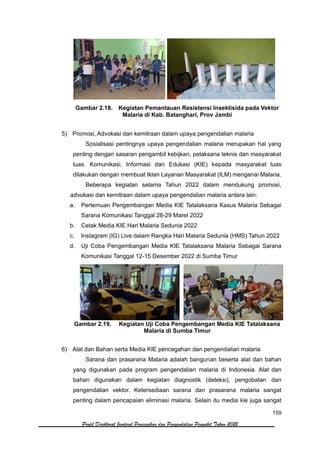 159
Profil Direktorat Jenderal Pencegahan dan Pengendalian Penyakit Tahun 2022
Gambar 2.18. Kegiatan Pemantauan Resistensi Insektisida pada Vektor
Malaria di Kab. Batanghari, Prov Jambi
5) Promosi, Advokasi dan kemitraan dalam upaya pengendalian malaria
Sosialisasi pentingnya upaya pengendalian malaria merupakan hal yang
penting dengan sasaran pengambil kebijkan, pelaksana teknis dan masyarakat
luas. Komunikasi, Informasi dan Edukasi (KIE) kepada masyarakat luas
dilakukan dengan membuat Iklan Layanan Masyarakat (ILM) mengenai Malaria.
Beberapa kegiatan selama Tahun 2022 dalam mendukung promosi,
advokasi dan kemitraan dalam upaya pengendalian malaria antara lain:
a. Pertemuan Pengembangan Media KIE Tatalaksana Kasus Malaria Sebagai
Sarana Komunikasi Tanggal 28-29 Maret 2022
b. Cetak Media KIE Hari Malaria Sedunia 2022
c. Instagram (IG) Live dalam Rangka Hari Malaria Sedunia (HMS) Tahun 2022
d. Uji Coba Pengembangan Media KIE Tatalaksana Malaria Sebagai Sarana
Komunikasi Tanggal 12-15 Desember 2022 di Sumba Timur
Gambar 2.19. Kegiatan Uji Coba Pengembangan Media KIE Tatalaksana
Malaria di Sumba Timur
6) Alat dan Bahan serta Media KIE pencegahan dan pengendalian malaria
Sarana dan prasarana Malaria adalah bangunan beserta alat dan bahan
yang digunakan pada program pengendalian malaria di Indonesia. Alat dan
bahan digunakan dalam kegiatan diagnostik (deteksi), pengobatan dan
pengendalian vektor. Ketersediaan sarana dan prasarana malaria sangat
penting dalam pencapaian eliminasi malaria. Selain itu media kie juga sangat
 